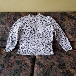 Ivory turtle neck, med-dk brown flowers/leaves, cotton top, M, vintage?, George
